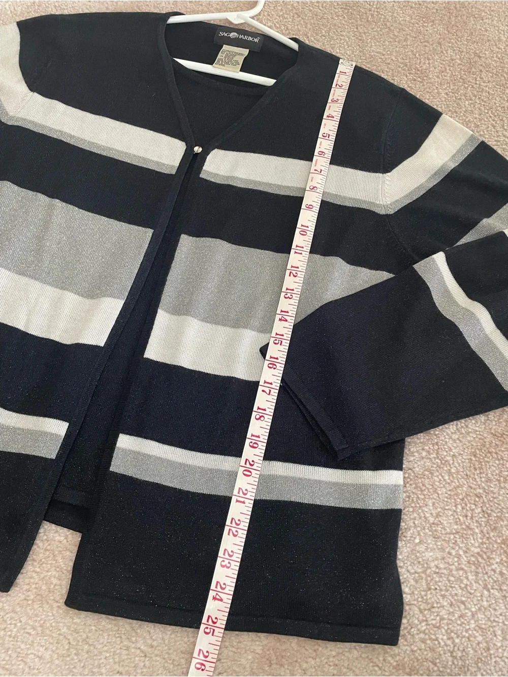Vintage Sag Harbor Metallic Stripe Cardigan Sweater XL Faux Layered Black Silver